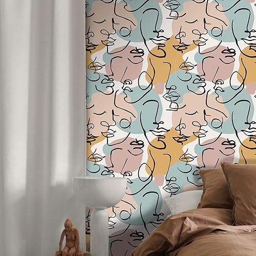 Miniatura 6 de Papel tapiz autoadhesivo removible de 17.71 x 118.1 pulgadas, diseño abstracto colorido de cara humana, papel de contacto, impermeable, decorativo,