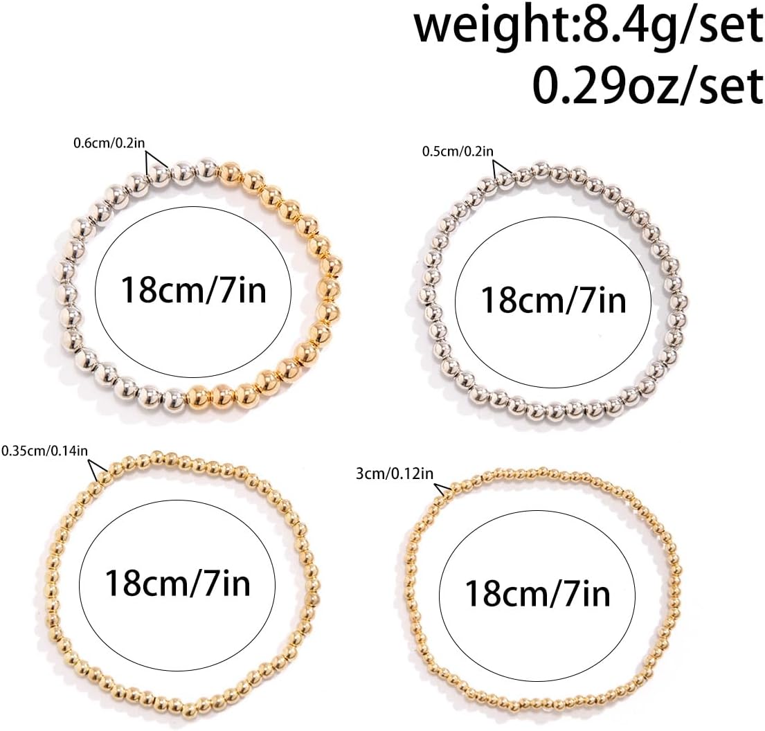 Jumwrit 4pcs Boho Golden Silver Beaded Bracelets Set for Women Dainty Stretch Elastic Stackable Round Ball Beads Layered Chain Bracelets Trendy Accessories - Image 6