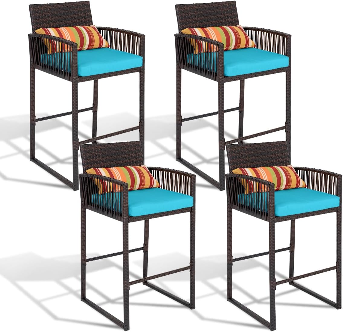 Sundale Outdoor Wicker Bar Stools Set of 4, Patio Counter Height Rattan Rope Stools with Back Rest, High Chair with Pillow & Cushion, All-Weather Armless Tall Pub Barstool (Brown & Blue, 4 Stools)
