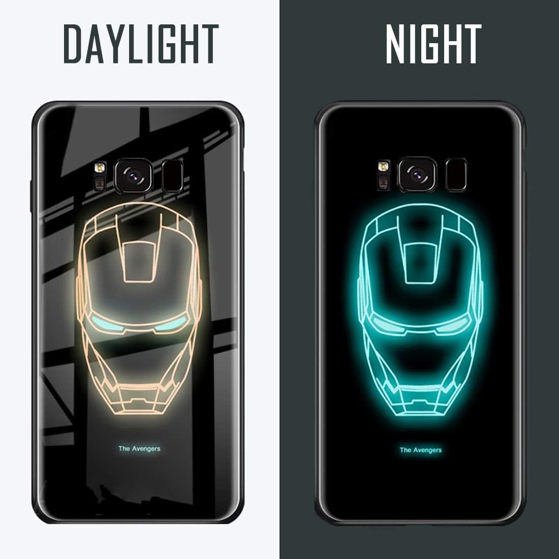 Iron Hero Man Luminous Fashion Luxury Tempered Glass Hybrid Case for Samsung Galaxy S8 S8 Plus S9 S9 Plus Note 8 Note 9 (Style 1, Galaxy S8 Plus)