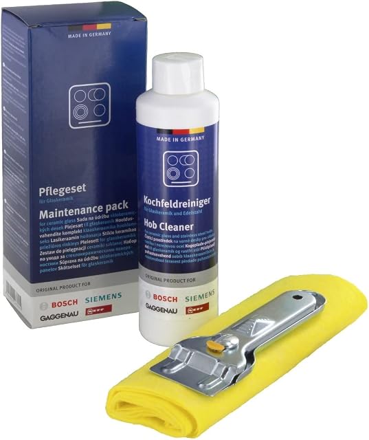 Bosch /Siemens 6900311502 zestaw do pielęgnacji płyt szklano-ceramicznych, składa się z 1 x 250 ml środka do czyszczenia szkła ceramicznego, skrobaka metalowego i ściereczki do czyszczenia, nr oryginalny: 311502