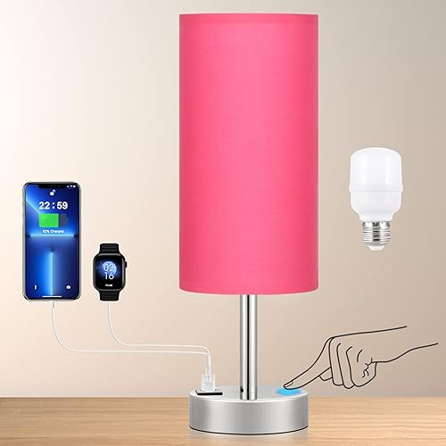 Lámparas de mesa táctiles rosas para mesita de noche pequeña lámpara de noche con puertos de carga USB-C y USB control regulable de 3 vías para sala