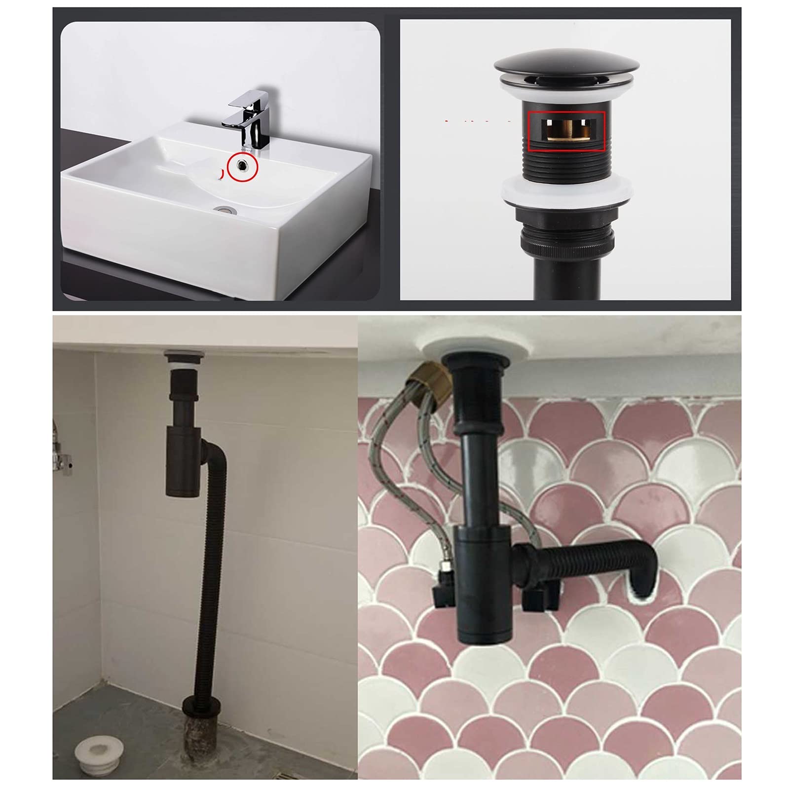AnSafe Trampa de Botella, Negro Tubo de desagüe Antiolor Antibloqueo Ajustable Flexible Pared/Suelo Drenaje Universal para Lavabo con rebosadero (tamaño : 30cm)