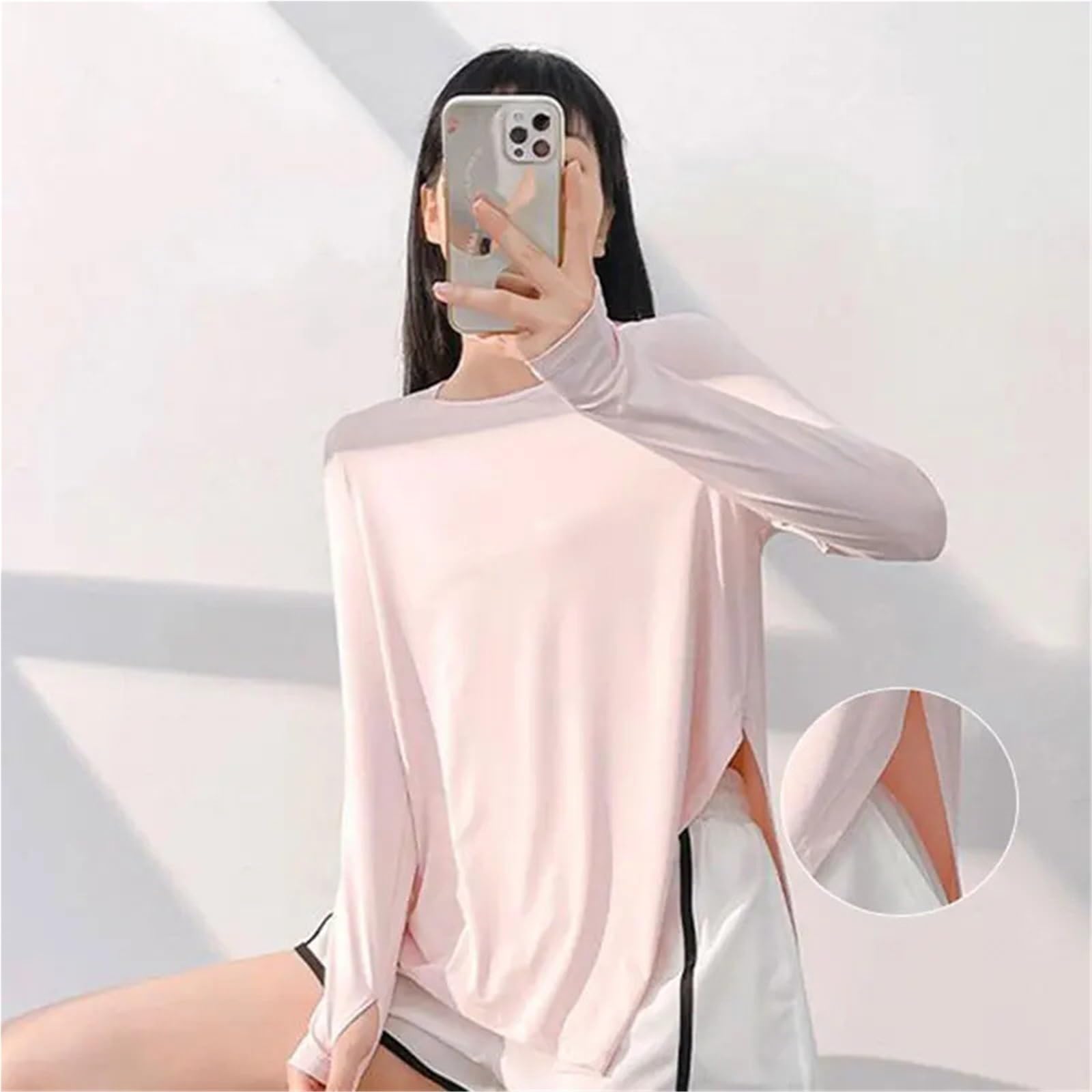 Maglietta lunga da yoga donna, girocollo, tinta unita, casual, sportiva, con protezione solare Per Donna