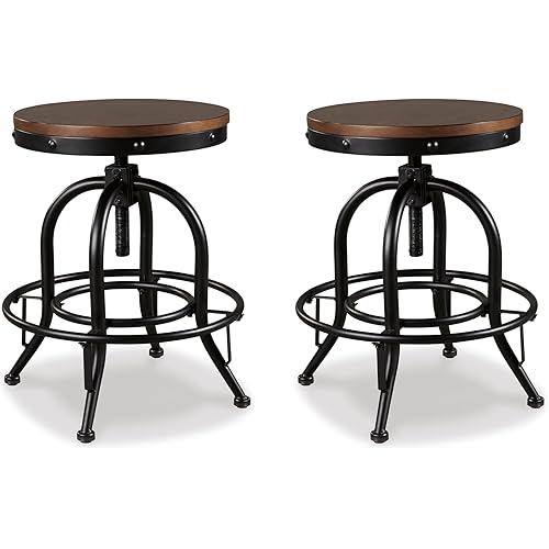 Signature Design by Ashley Valebeck Industrial Adjustable Height Swivel Barstool, 2 Count, Brown