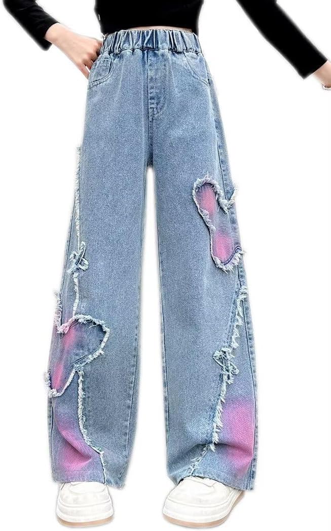 Girls Wide Leg Jeans Denim Elastic Wasit Baggy Ripped Distressed Pants