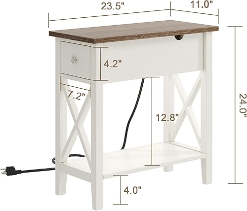 Miniatura 3 de ChooChoo Juego de 2 mesas auxiliares con estación de carga, mesa auxiliar estrecha con puertos USB y tomas, mesita de noche pequeña con cajón para