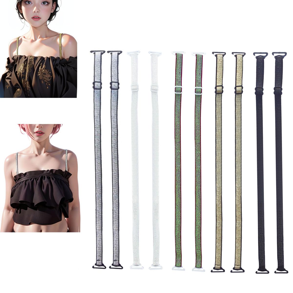 Moly Story5 Pairs Decorative Glitter Bra Straps, Bra Accessories Lingerie Straps for Strapless Dress,Green White Gold Silver Black Sparkly Strap