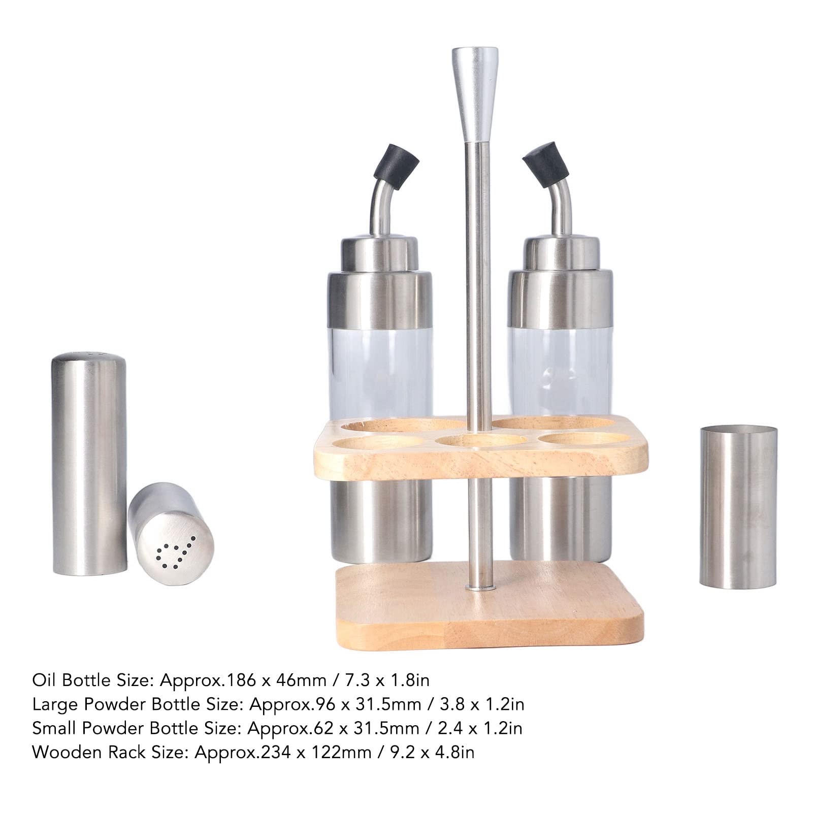 Gewürzflaschen 5er Set mit Holzregal, Edelstahl-Tisch-Gewürzflaschenhalter, Leere Glas-Gewürzflasche Zur Aufbewahrung von Öl, Essig, Salz, Sojasauce und Pfeffer, Spülmaschinenfest