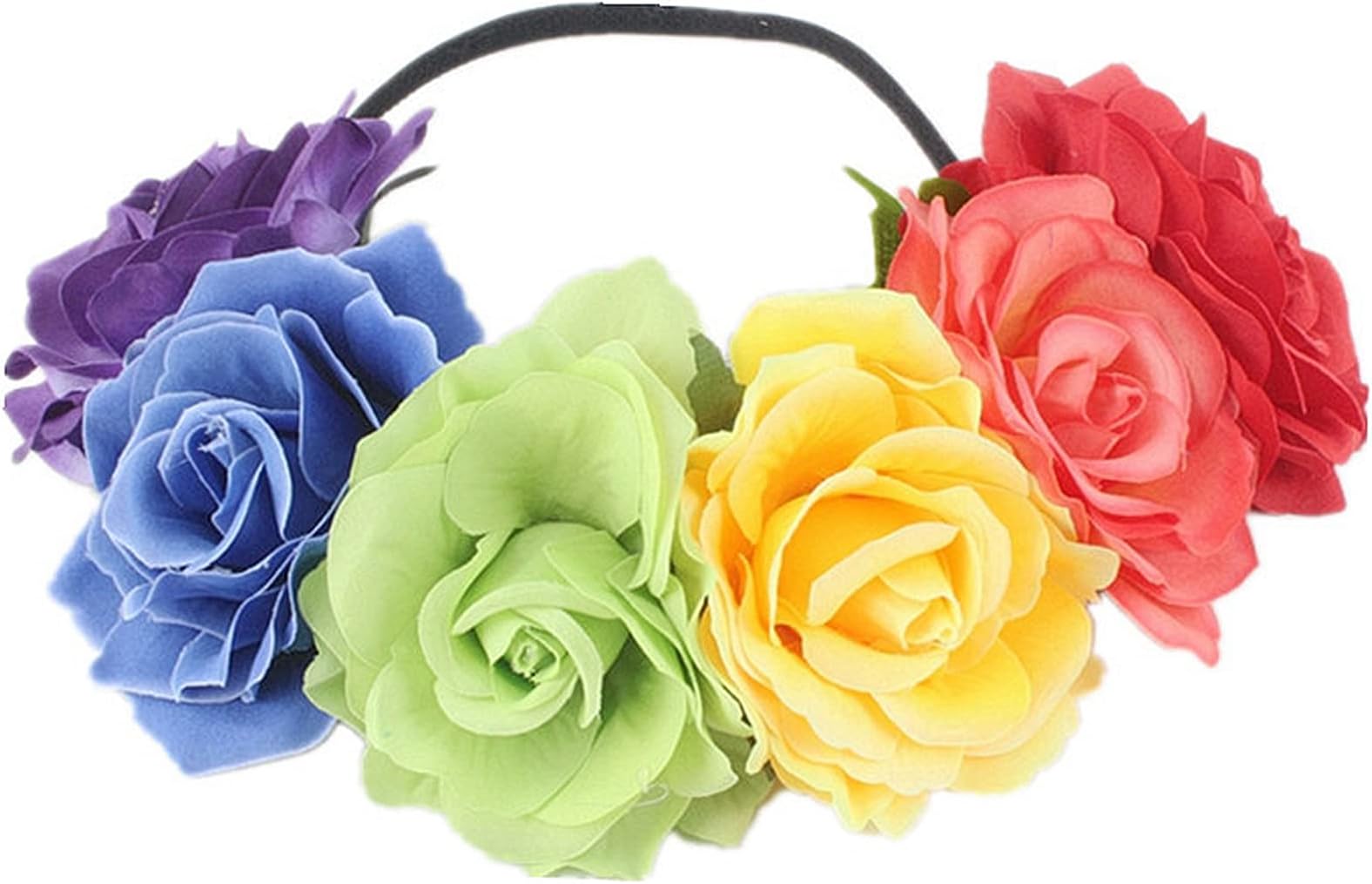 Rainbow Flower Headband for Women - Elastic Rose Floral Crown Headwear, LGBT Pride Accessories for Rainbow Party Parade