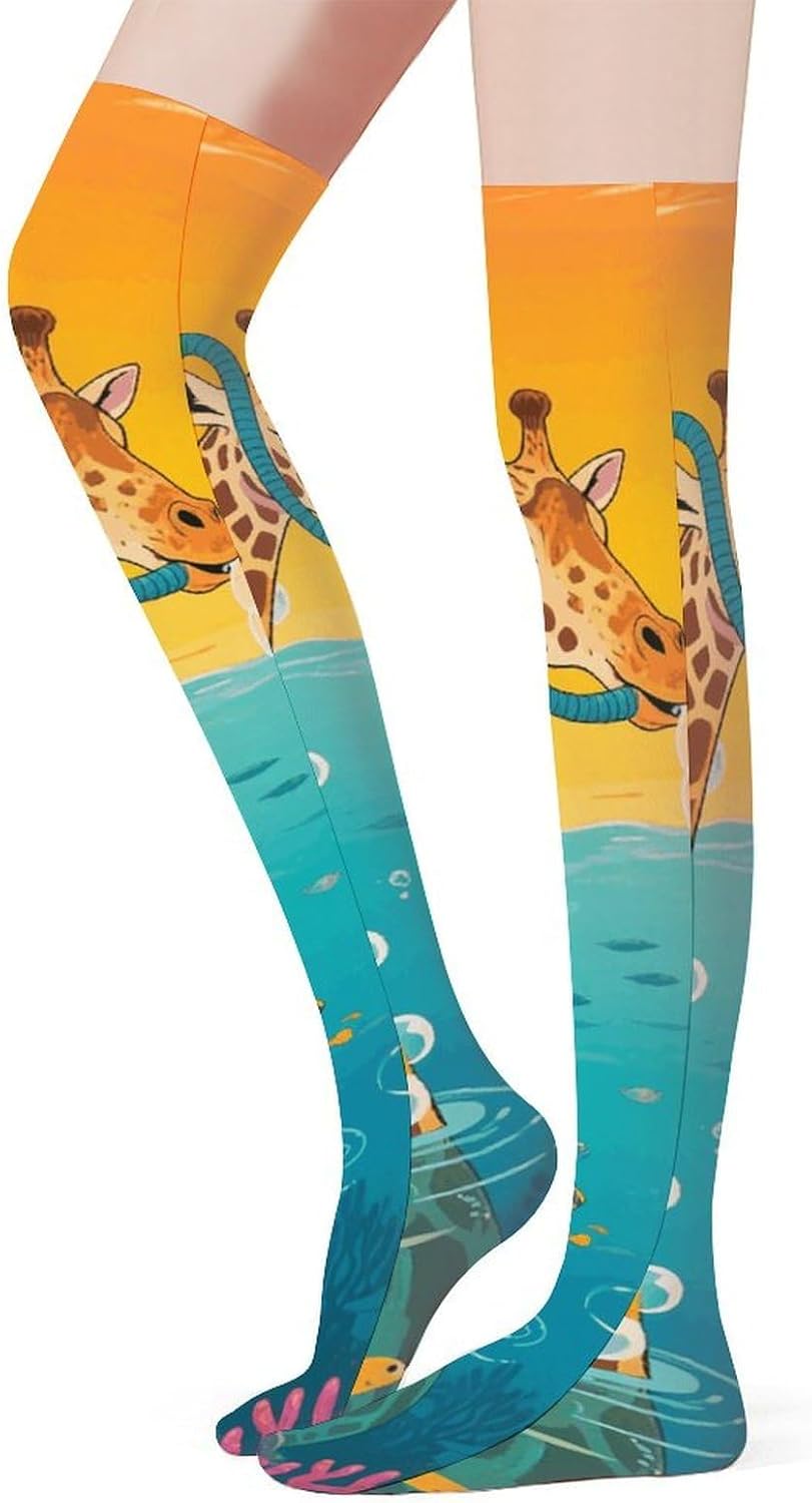 Giraffe And Shark Knee High Stockings for Women 23.6" Breathable Thigh High Stockings Over The Knee Socks