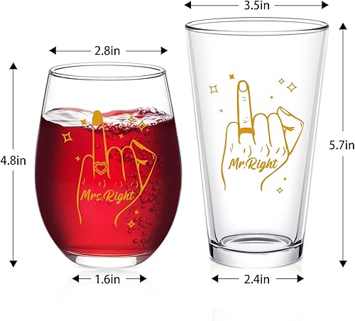Miniatura 7 de Futtumy Regalos de boda para recién casados, Mr Mrs Right - Juego de copas de vino sin tallo y copas de cerveza para parejas, recién casados, Mr &