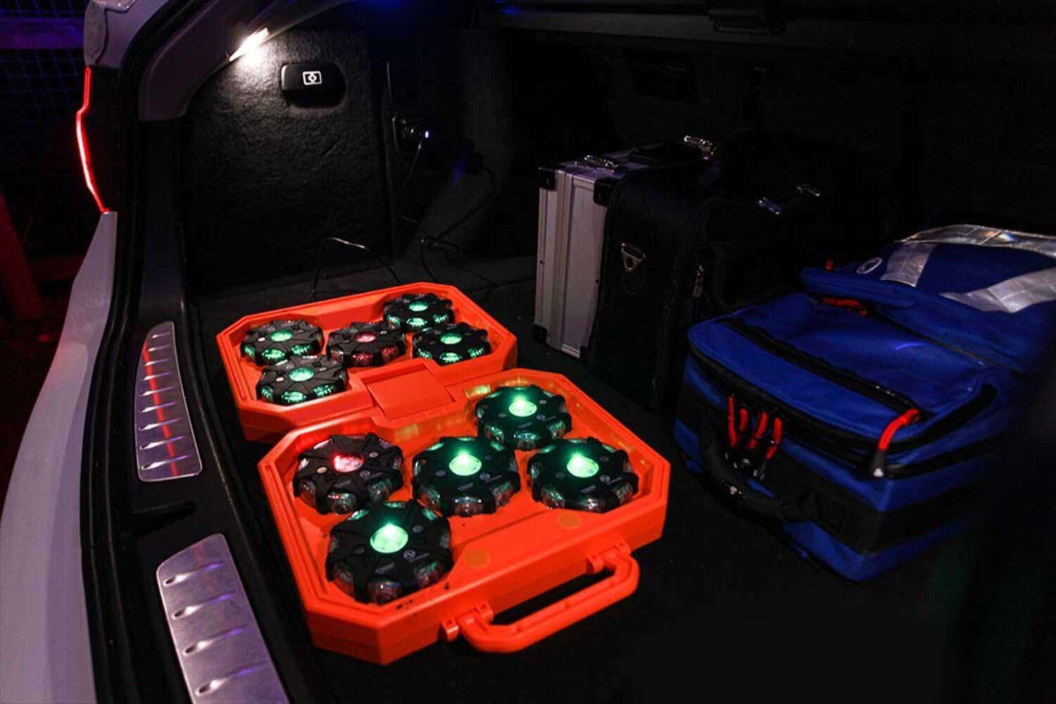 Pulsar NavStar case with lights stored inside, placed in the boot of a car.