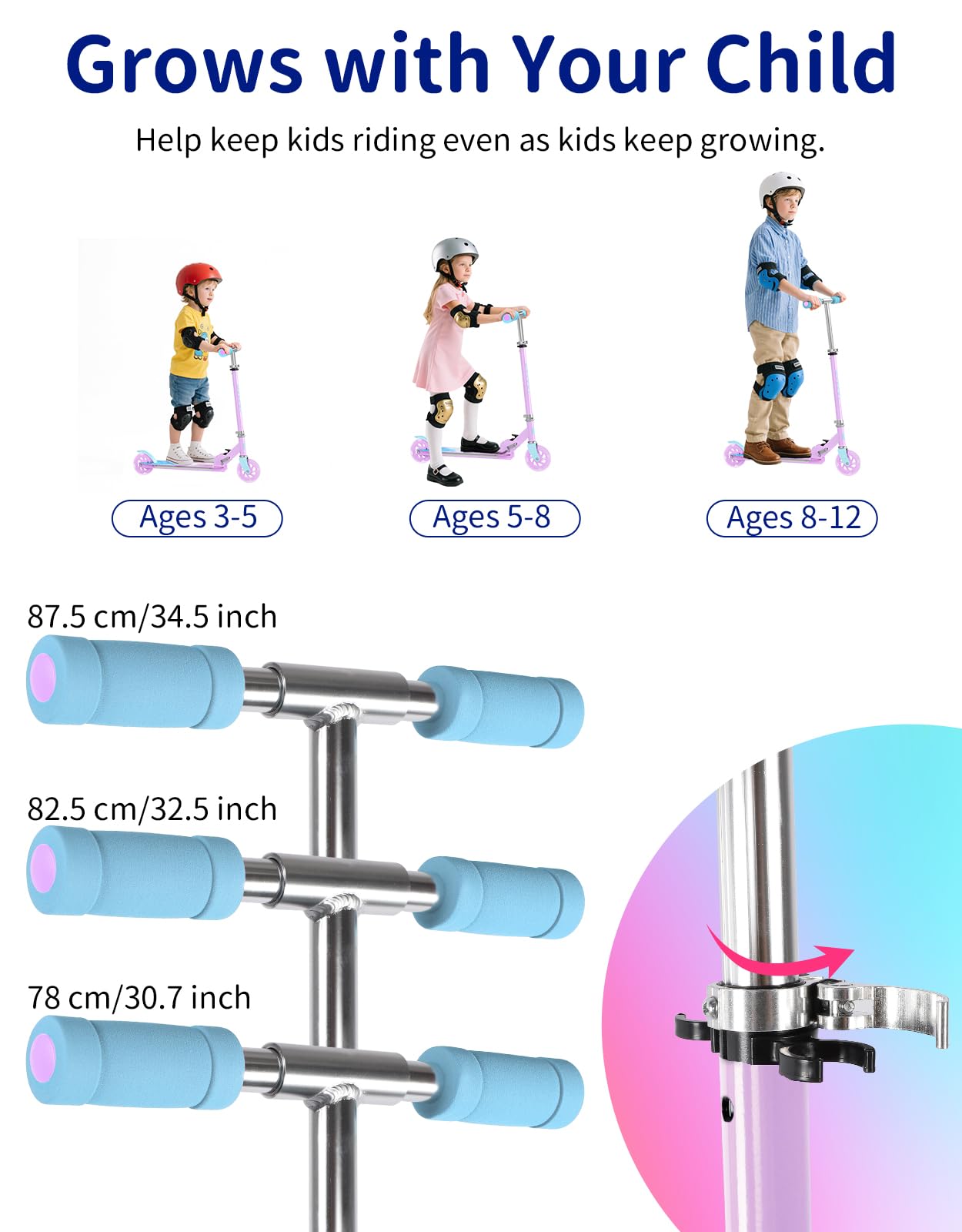 BELEEV V1Plus Patinete Niño Niña 3-12 Años, Plegable Patinete Infantil | con LED Luce Ruedas & Deck, 3 Altura Ajustable, Soportes, Cubierta Antideslizante, Ligero Marco Resistente, Scooter for Kid