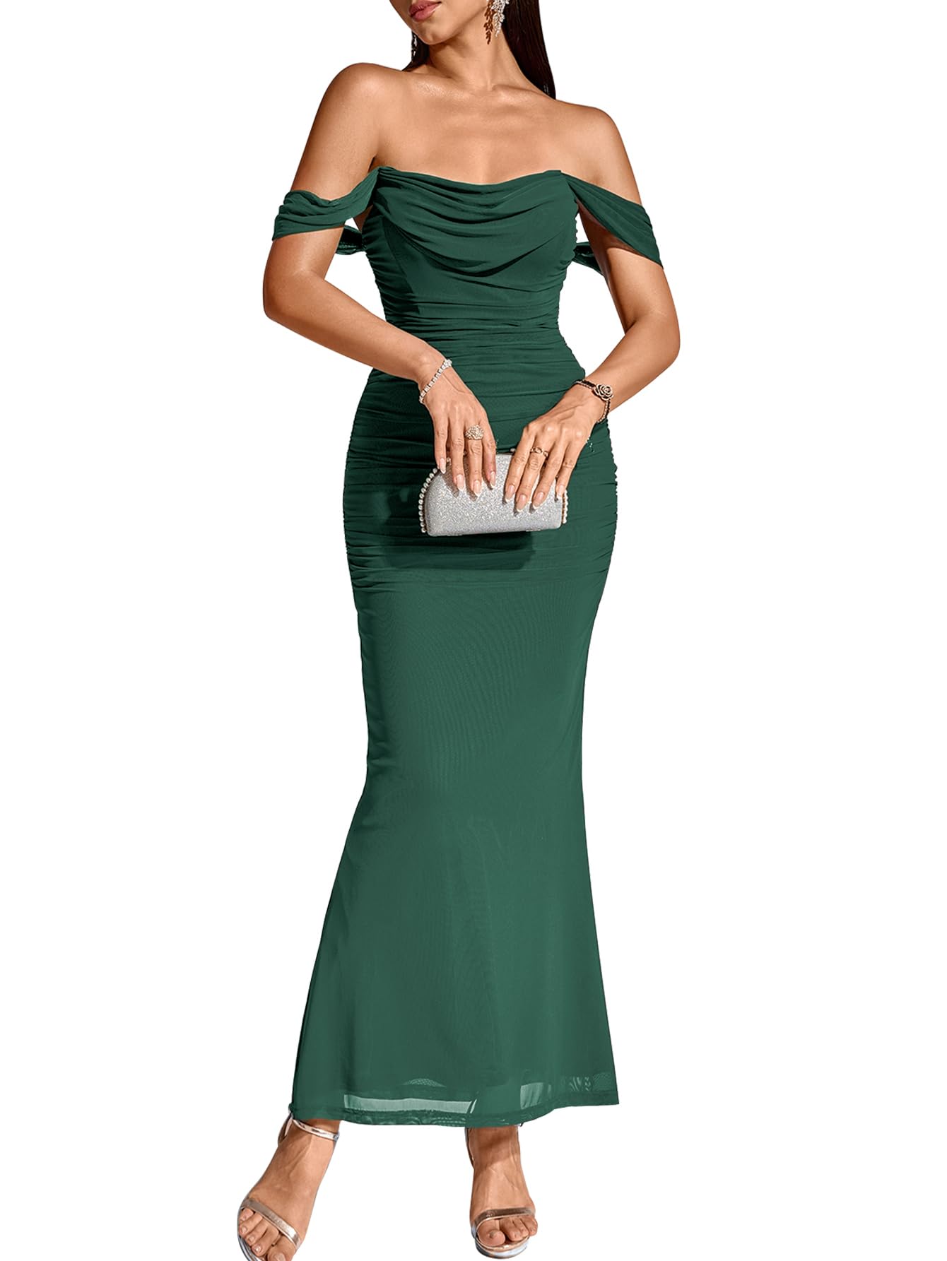 KUTUMAI Off The Shoulder Maxi Long Dress Corset Ruched Bodycon Formal Wedding Guest Dresses for Women