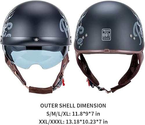 Miniatura 3 de Medio casco de motocicleta para hombres, mujeres y adultos, aprobado por puntos, casco vintage de media cara con visera transparente adicional y