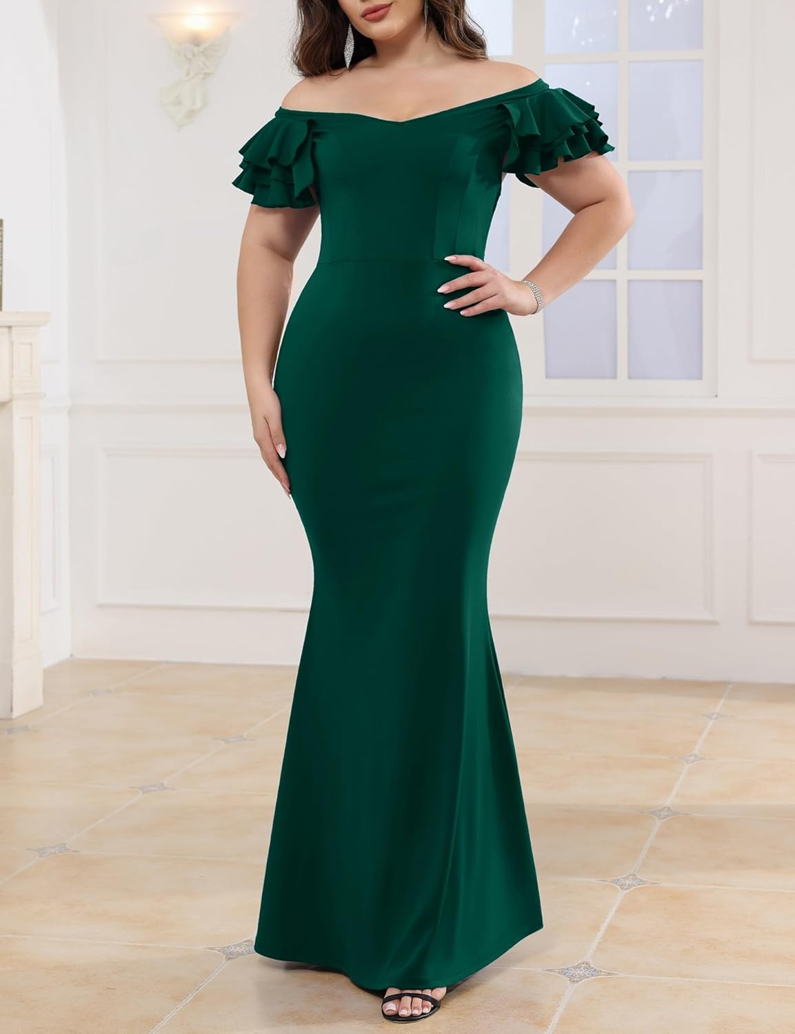 Women's Plus Size Maxi Dress Elegant V-Neck Ruffle Sleeves Bodycon Mermaid Dresses Evening Gown - Image 3