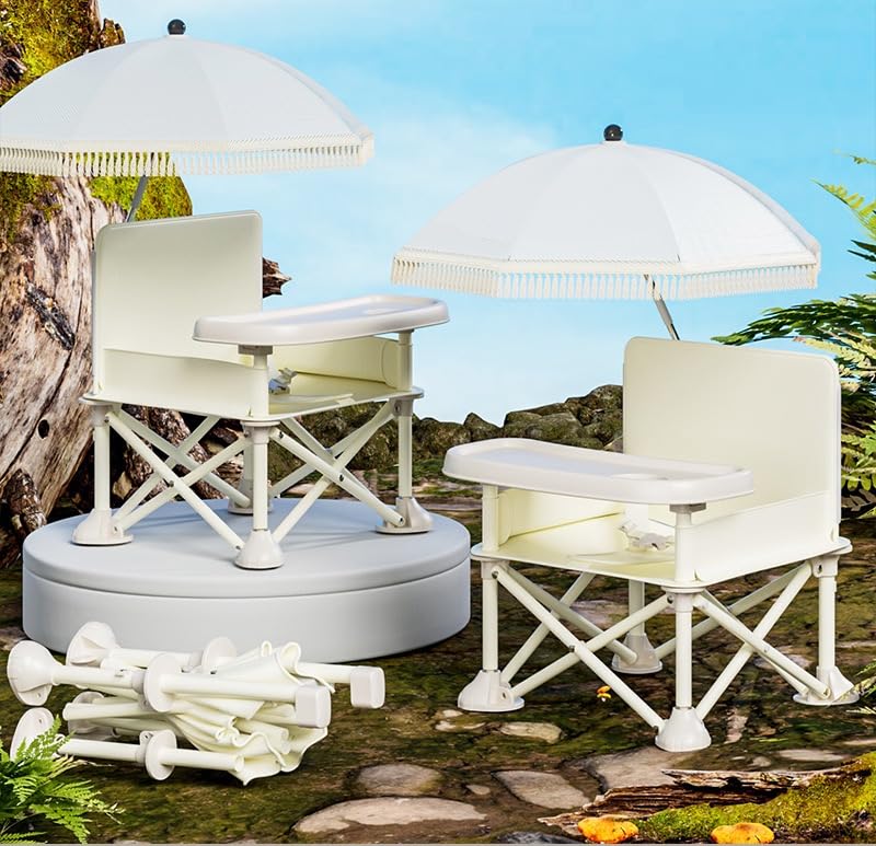 Image of Portable Folding Baby Dining Chair, Outdoor high Chair, Foldable Toddler Feeding seat with Sunshade and seat Belt