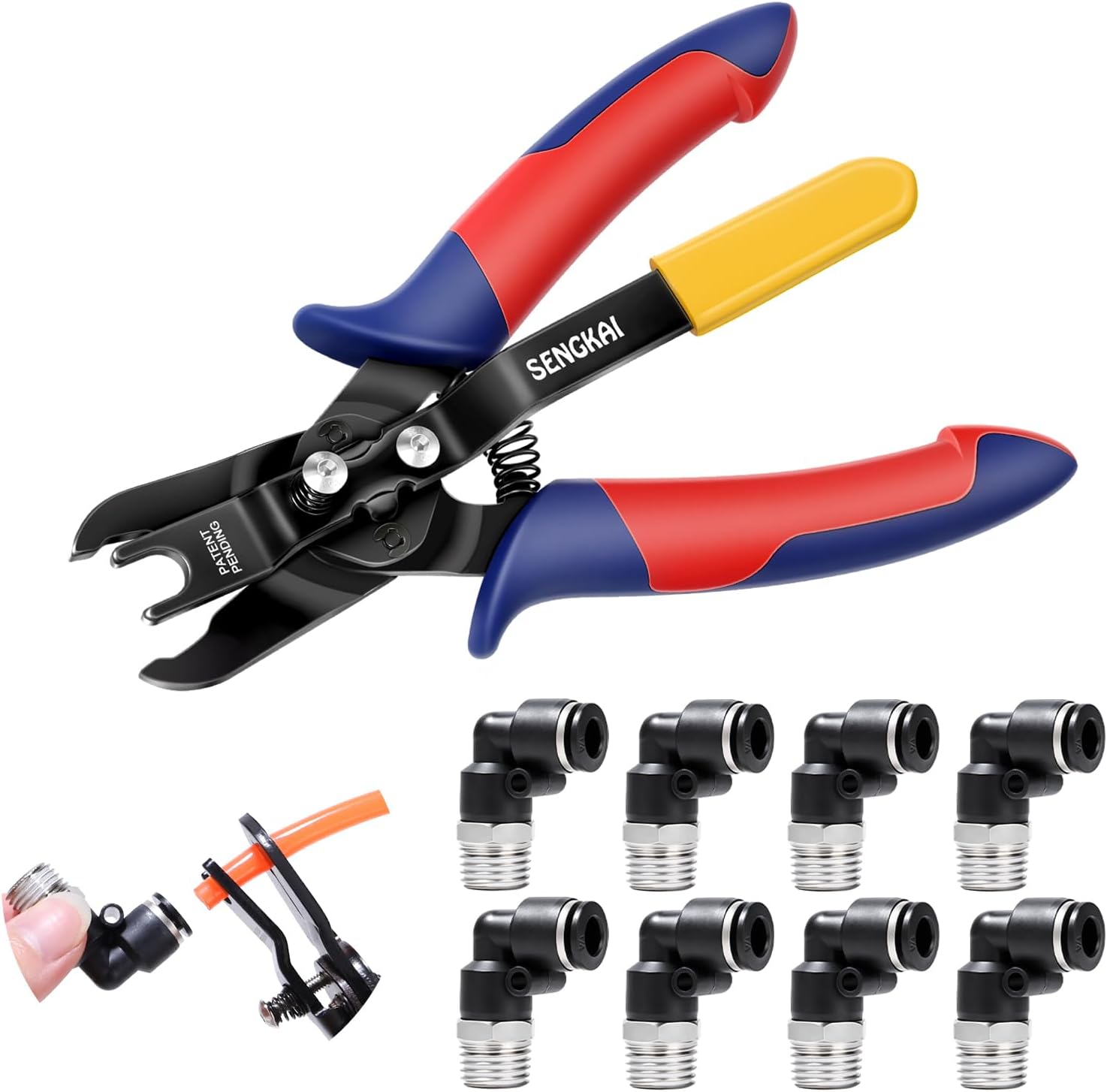 Air Line Removal Tool with 8Pcs Male Elbow Push to Connect Fittings | 1/4" Tube OD x 1/4" NPT Thread, Disconnect Pliers for 1/4", 5/16" (6mm, 8mm) Quick Connect Air Hose Fittings