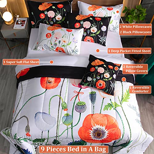 Intomeng Black Floral Comforter Set Queen 9 Pieces Black Flower Pattern Bedding Comforter Set Full Lightweight Reversible Botanical Comforter With Pillowcases And Sheet Set Super Soft #TOP1