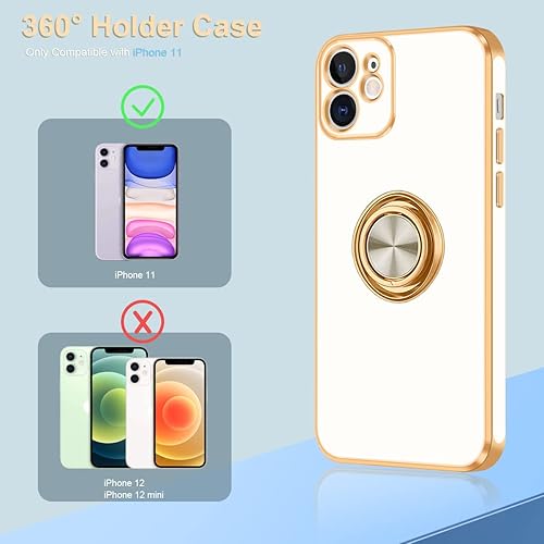 Miniatura 2 de Fingic Funda para iPhone 11, fundas de teléfono para iPhone 11, soporte de anillo giratorio de 360, soporte magnético con base de apoyo borde dorado