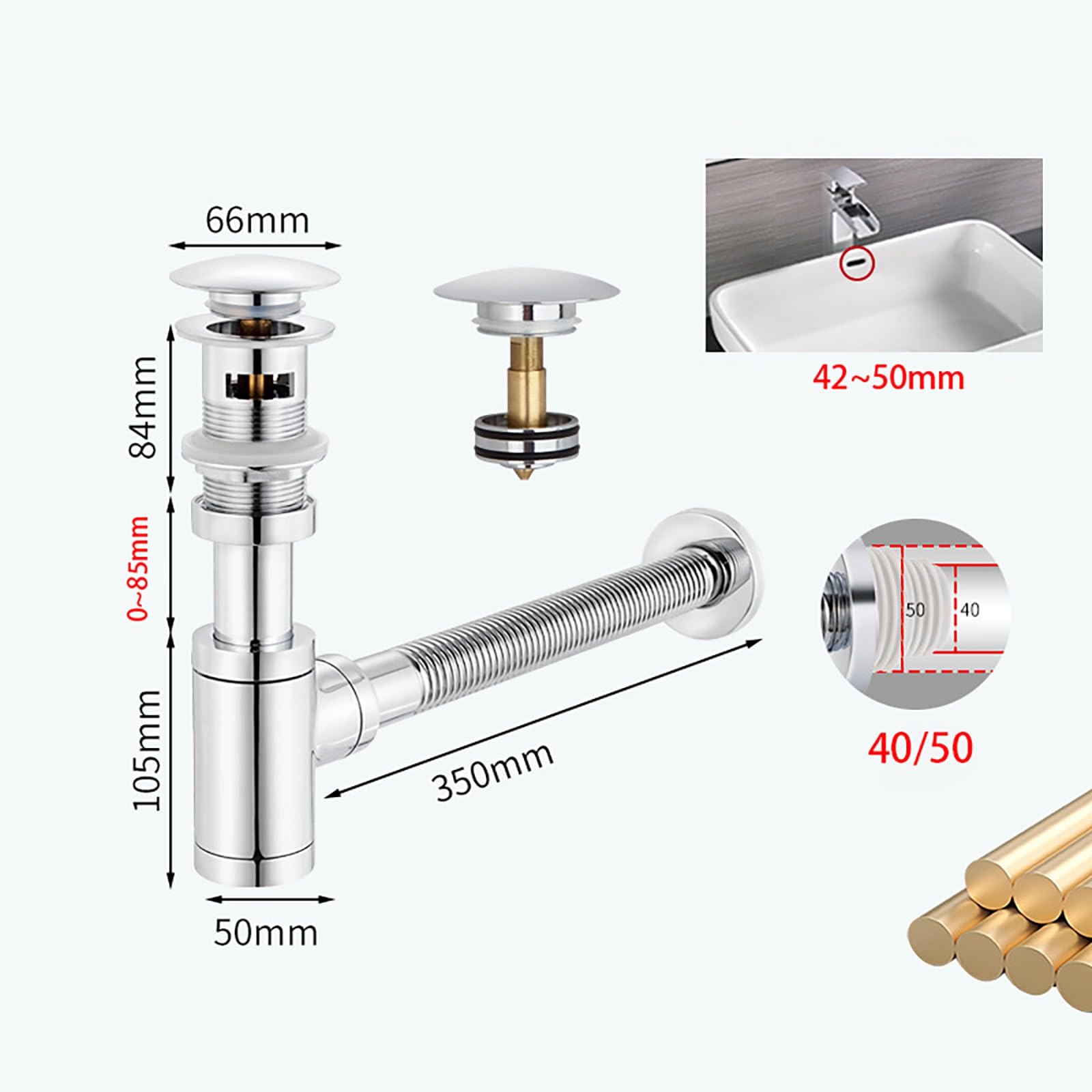 Siphon Waschbecken mit Pop Up Ablaufventil und Überlauf,Reinigungsöffnung,Flexibles Gewelltes Abflussrohr,Ablauf Garnitur Siphon Küchenspüle