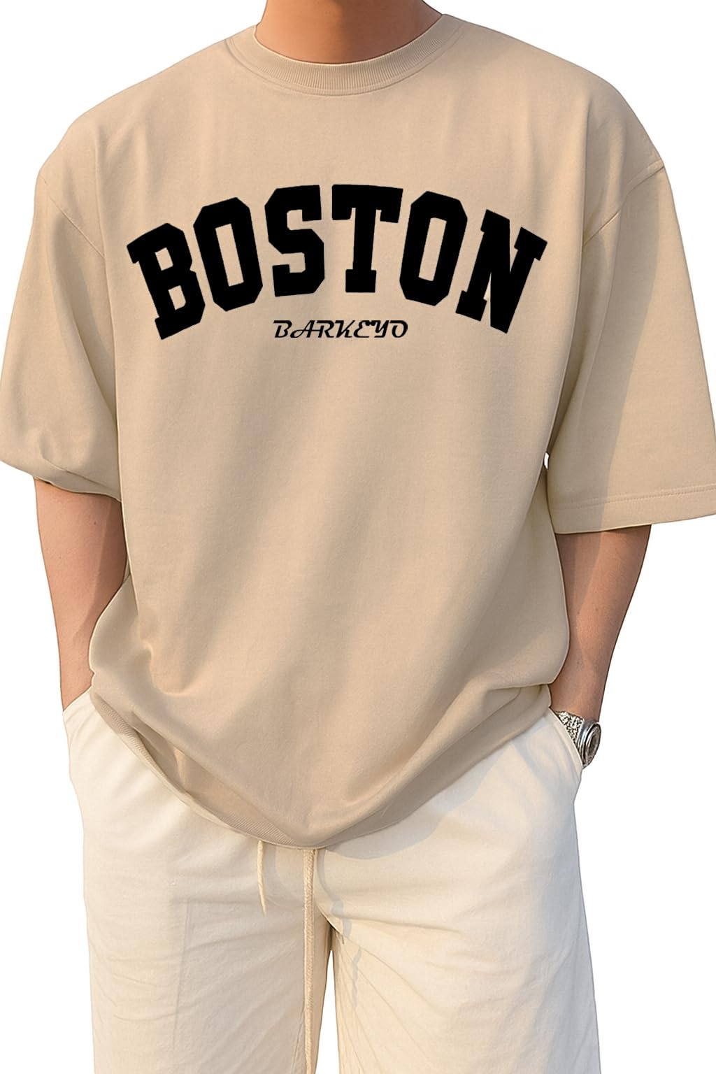 Men's Half Sleeve Round Neck French Terry Graphic Print Oversized Tshirt for Man (Boston-ft)-image-23