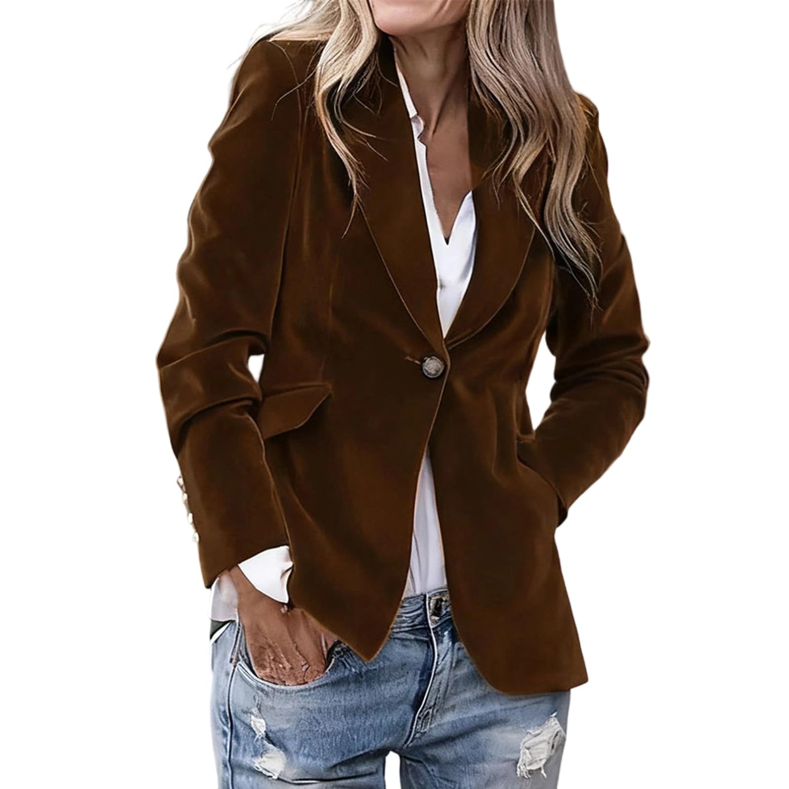 Velvet Blazer Women Notched Lapel Long Sleeve Slim Fit One Button Velour Jacket Office Ladies Business Casual Work