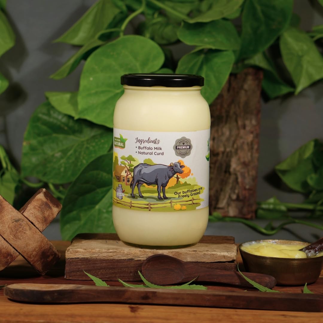 Kasutam A2 Desi Buffalo Bilona Ghee, hergestellt nach traditioneller vedischer Bilona-Methode, hergestellt im Erdtopf und handgebrühtem Grasfutter, Büffelghee, Immunitätsverstärker-Glas, 1000 ml