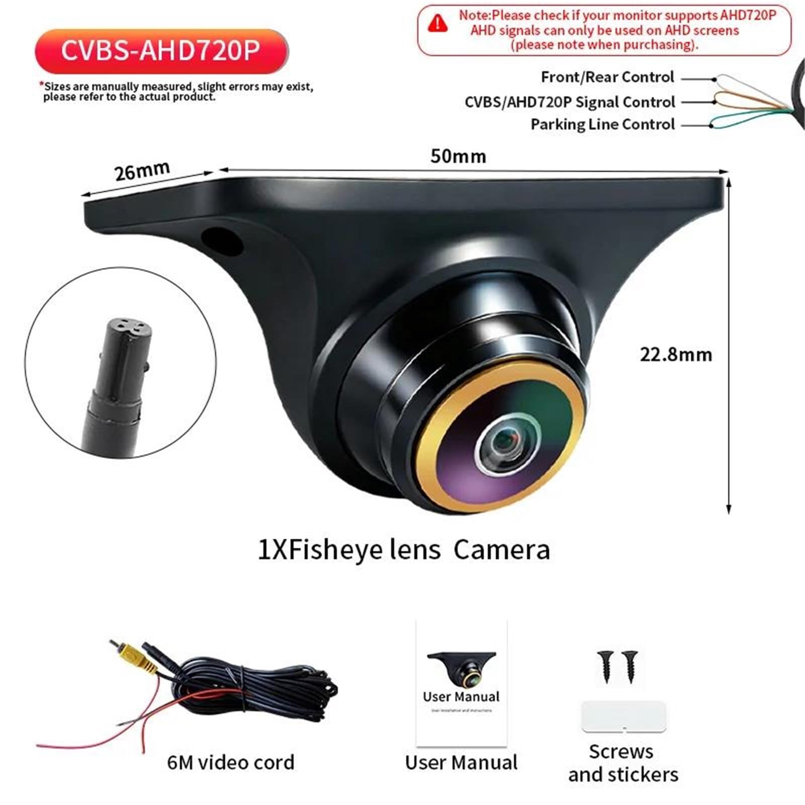 Cámara Trasera Coche Cámara Visión Trasera Coche HD AHD 170° Nocturna Universal Ojo Pez Resistente Al Agua Cuerpo Metal Respaldo Marcha Atrás(017F-CVBS-AHD1080P)