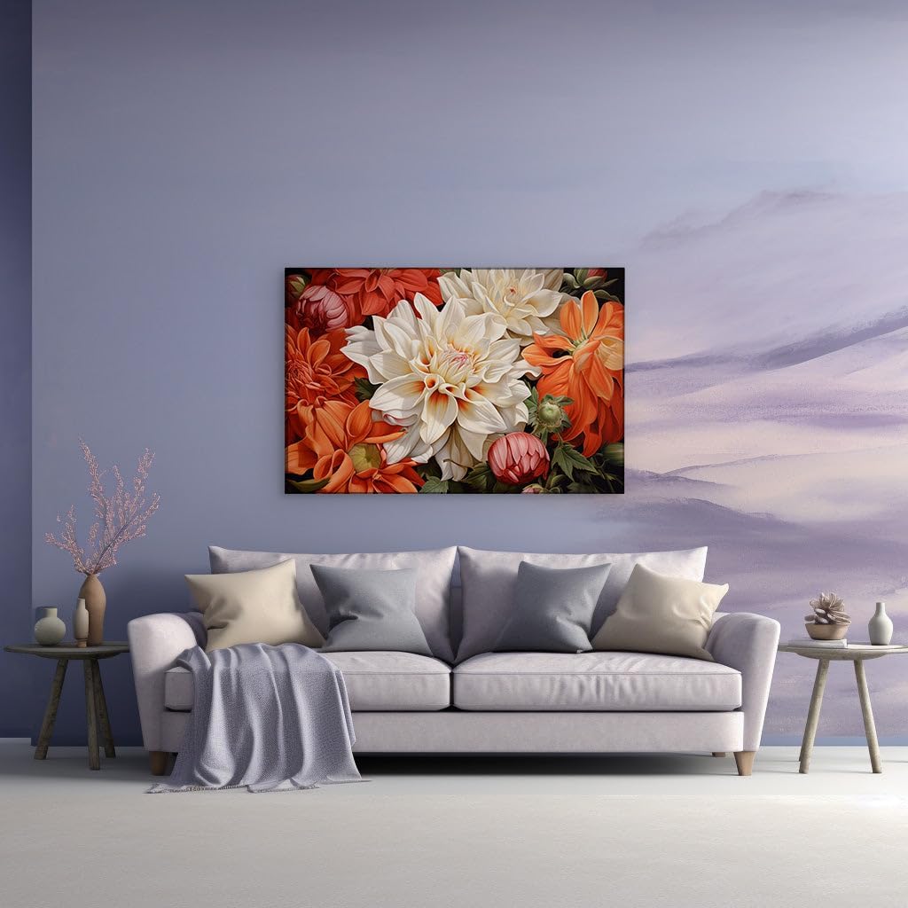 Canvas for Living room. Burst of Dahlias � A Photorealistic Ode to Floral Beauty, 27 x 18 inch Canvas Wall Art - Contemporary Masterpieces - Botanical Home Decor