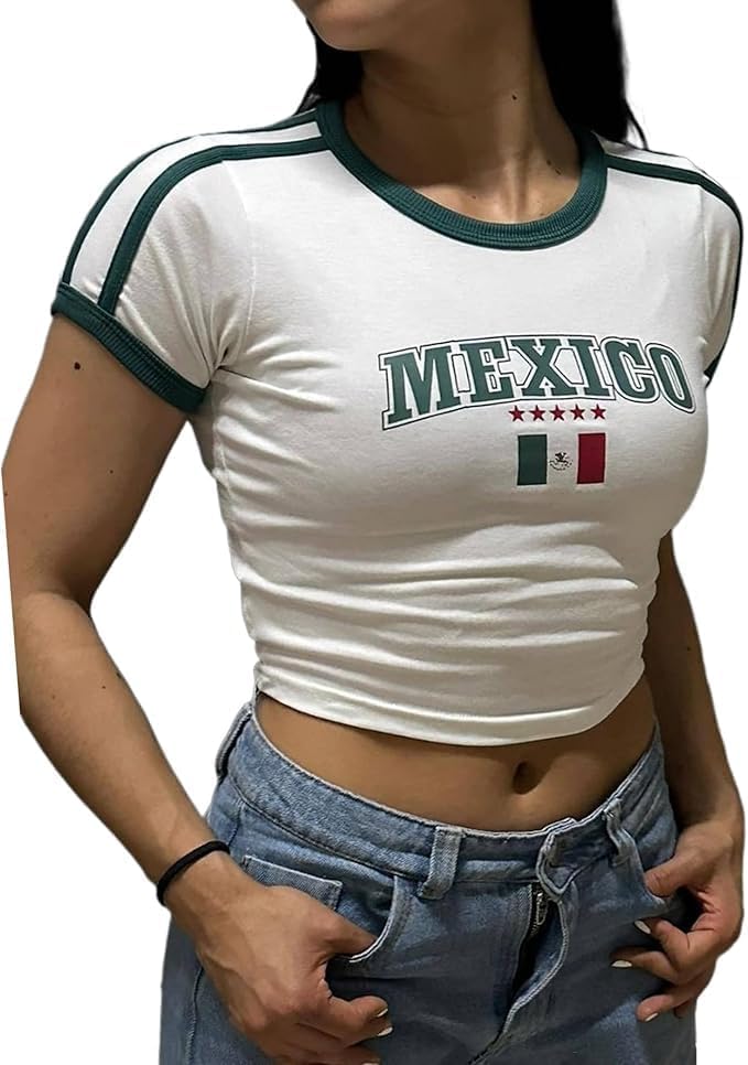 Women's Graphic Baby Tees Shirts Slim Fit Short Sleeve Brazil Shirt Mexico Crop Top 2000s Vintage Going Out Tops