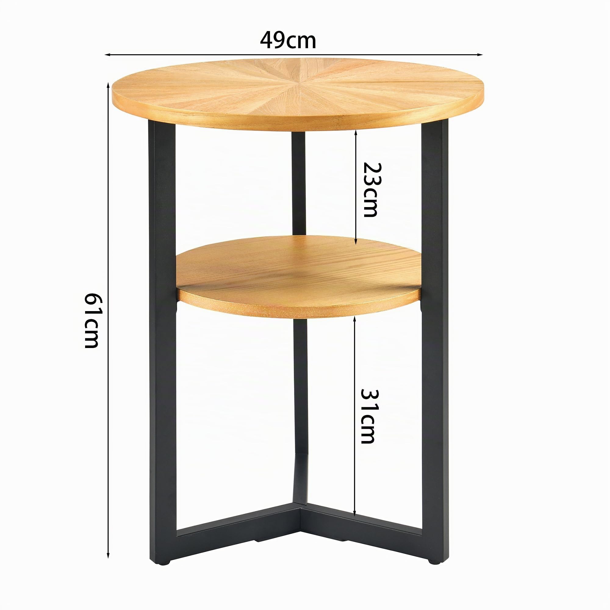 Table d'appoint ronde en bois massif, Petite table basse,Tables Basses Design 2 Étages avec Cadre en Fer Industriel et Plateau en Bois Massif – Style Scandinave/Rétro – Multifonctionnelle