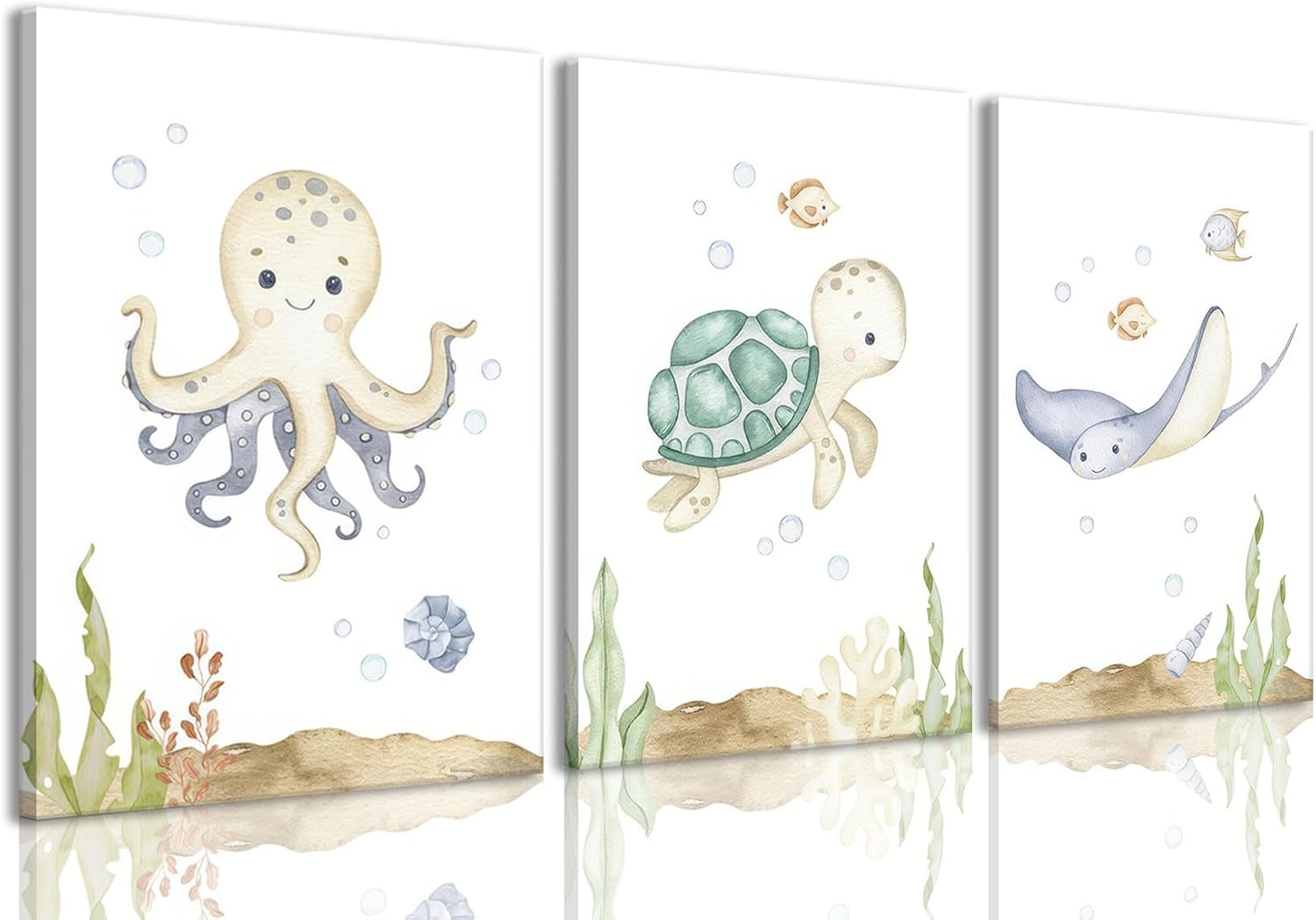 Wodkwq Ocean Nursery Canvas Wall Art,Nursery Wall Decor,Kids Bathroom Decor,Under The Sea Picture,Boys Room Sea Animal Prints Set of 3,Bedroom 16x24in Framed