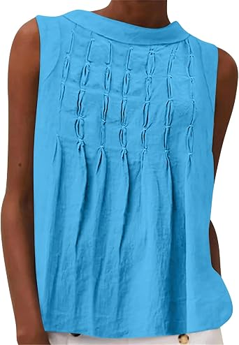 JOAU Women Cotton Linen Sleeveless Tank Tops Casual Summer Lightweight Loose Mock Neck Front Pleated T-Shirt Blouse Vest