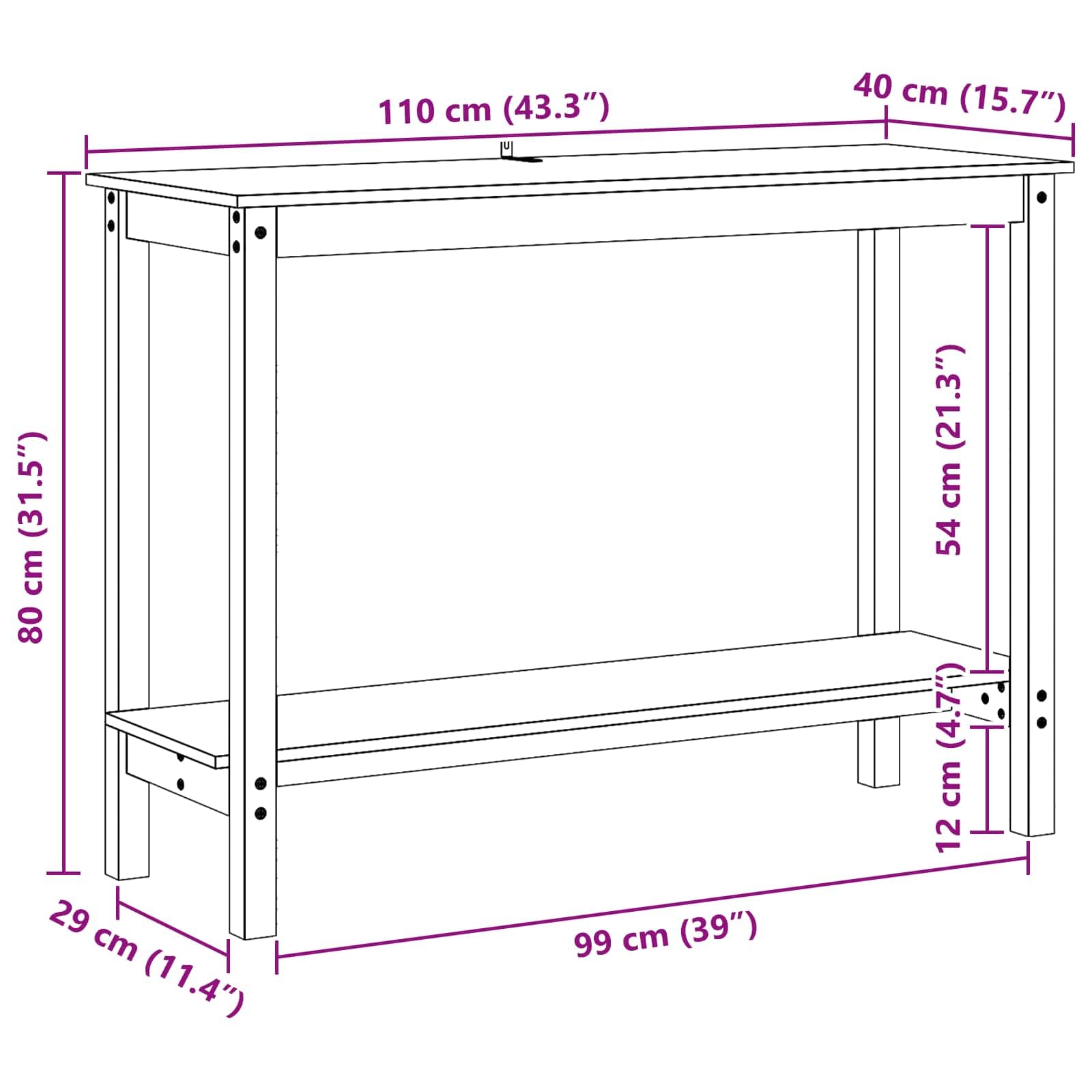 Mesa consola marrón cera madera de pino macizo 110 x 40 x 80 cm con estante, mesa auxiliar versátil para salón, pasillo, dormitorio, estante estable para decoración, libros y bebidas