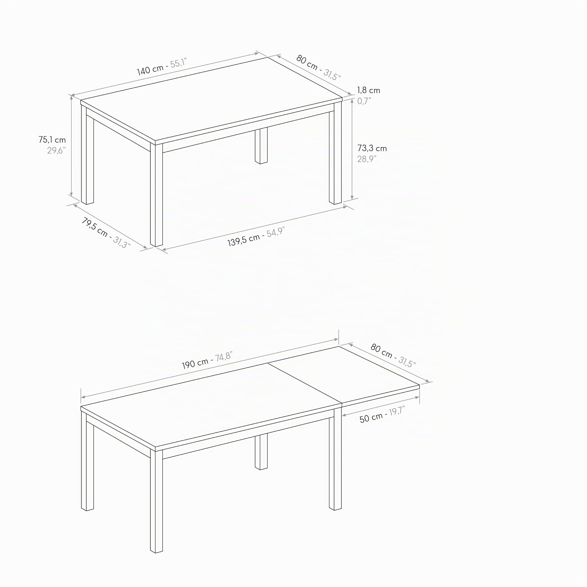 PAZZO DESIGN Ausziehbarer Tisch Lara, Tisch für Wohnzimmer und Küche, Melaminplatte in Zementgrau, Beine aus schwarzem Metall, hergestellt in Italien, 140 x 80 x 75 cm - id_2088