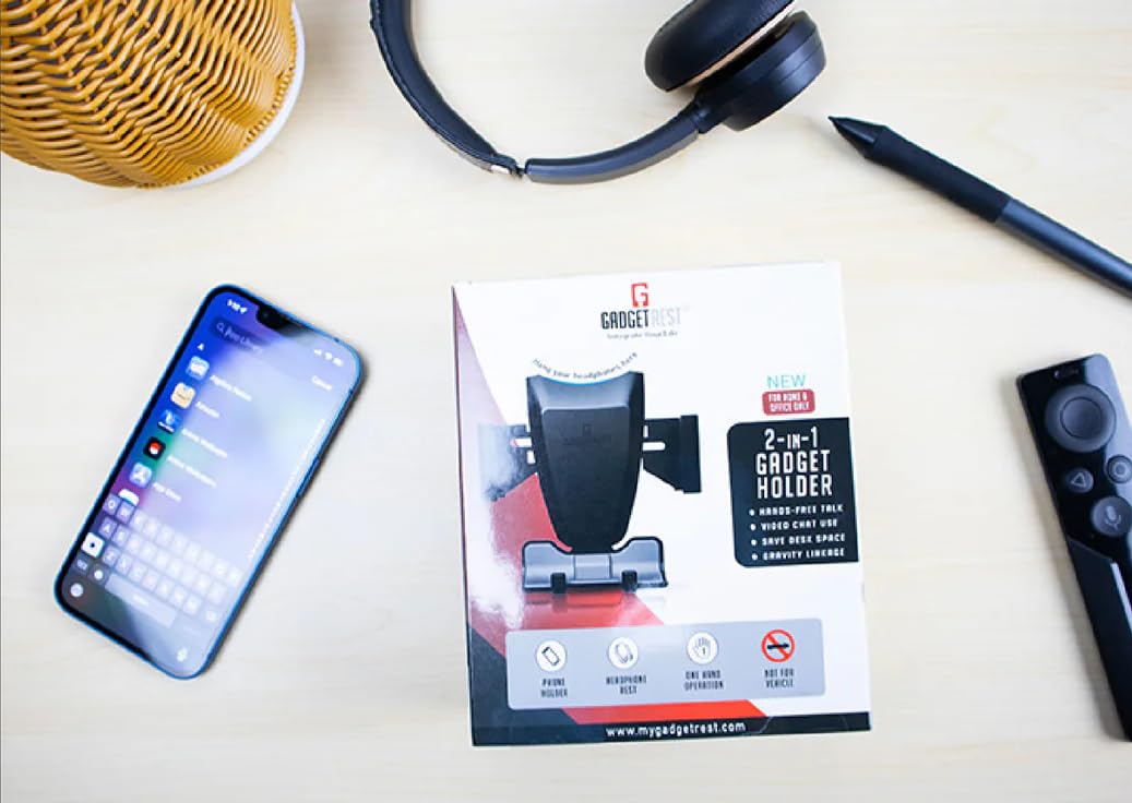 GadgetRest Uchwyt na gadżety 2 w 1: Uchwyt na telefon komórkowy i słuchawki tylko do domu i biura, uchwyt na telefon grawitacyjny, pasuje do iPhone'a 12 Pro Max, Mini, SE, Samsung Galaxy Note10, S20