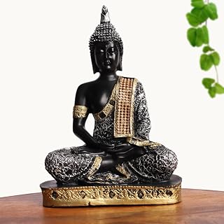 INTERNATIONAL GIFT Gray & Gold Plated Meditating Gautam Buddha Statue Polyresin Showpiece Yoga Position for Table, Office, Home Decoration