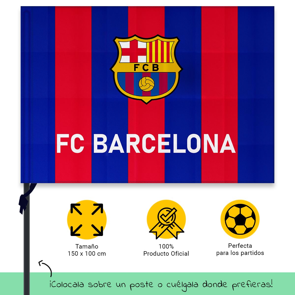 Bandera oficial del Barcelona de Fútbol + Llavero 100% Culers | 150 x 100 cm - Fondo Escudo en el centro Estela | Producto Oficial