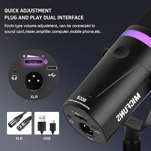 Miniatura 5 de Micufuns Micrófono dinámico vocal, micrófono de PC de grabación de podcasts XLRUSB, micrófono de metal de estudio con silencio, conector para