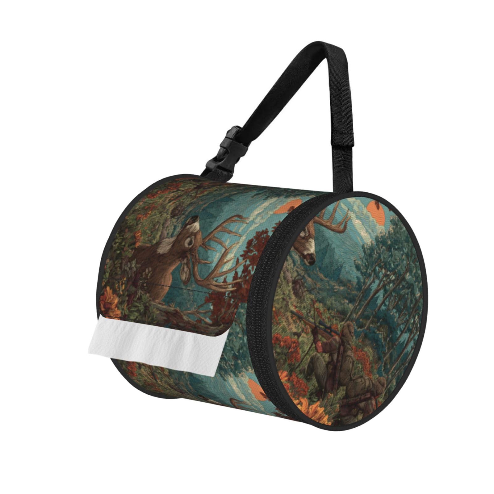 Deer Hunting Printed Cylindrical Tissue Bag Portable Oxford Cloth, Foldable Travel Tissue Holder With Zipper And Adjustable Belt