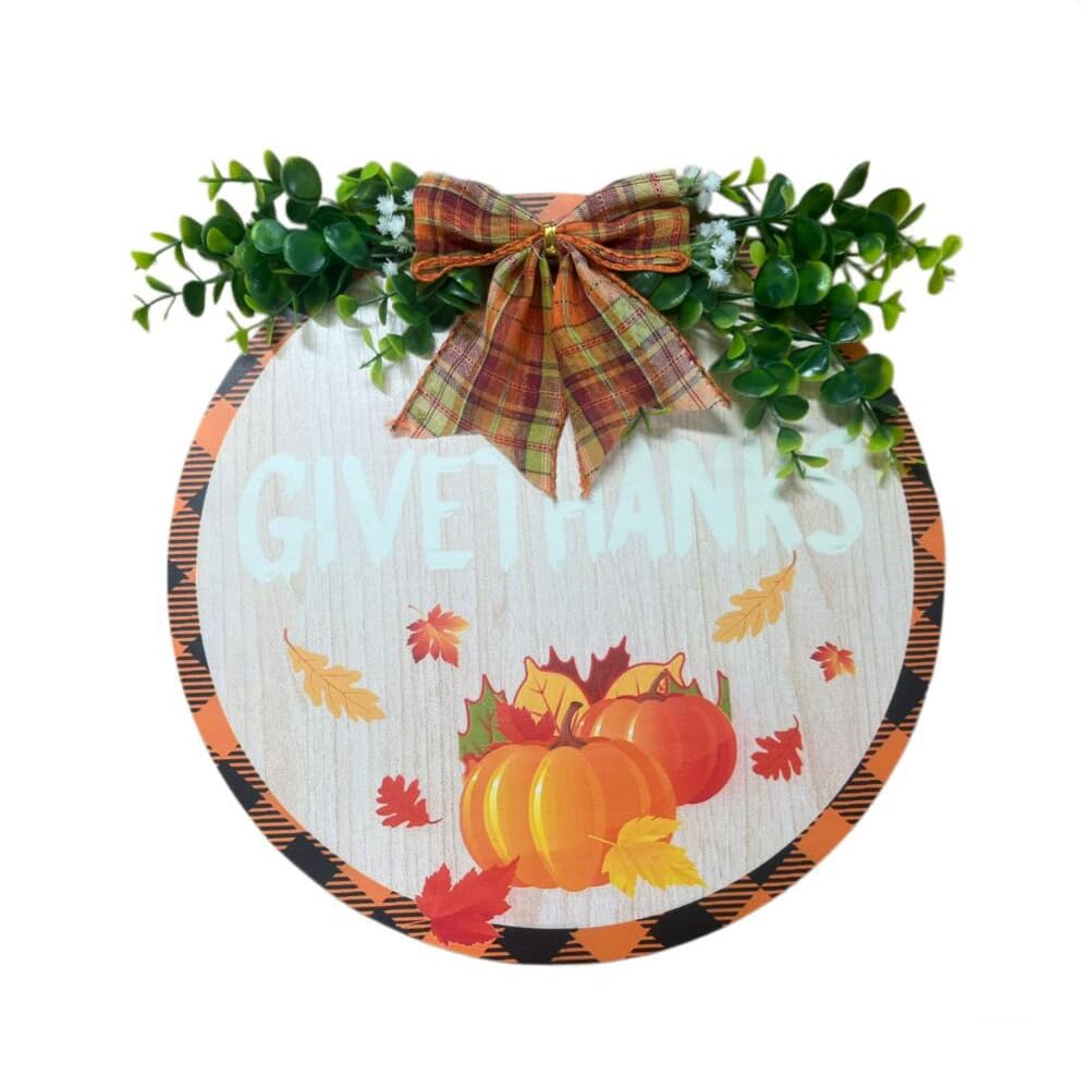 LQNMPPH Give Thanks Fall Hanging Sign Wreath for Front Door Decor, Welcome Sign for Front Door Hangers Pumpkin Thanksgiving Halloween Decoration 12x12 Inch