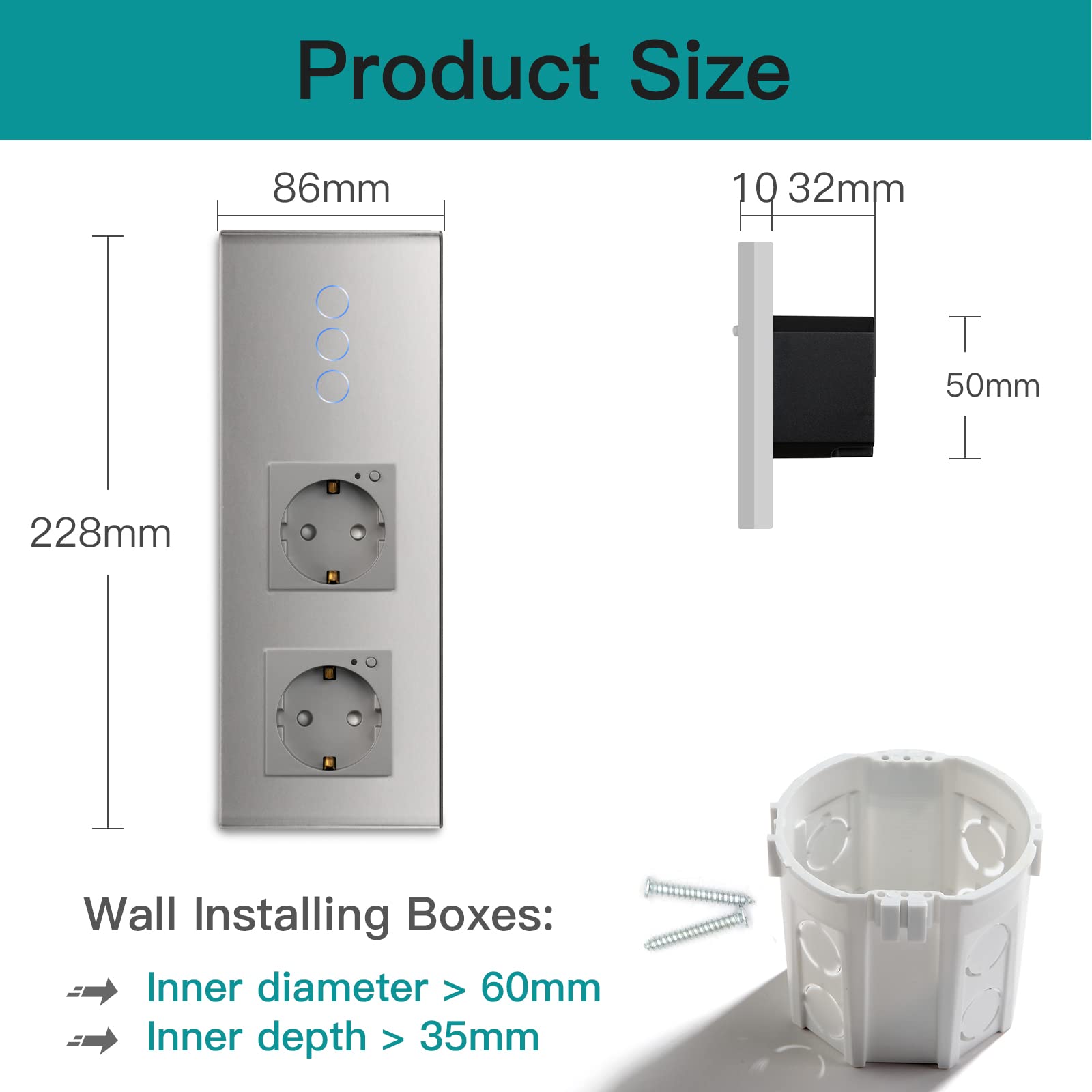 BSEED Interruttore della luce Smart Alexa con doppia presa, verticale da incasso, presa Alexa, in vetro Schuko, Single Live Wifi Touch, 3 scomparti, 1 via, grigio