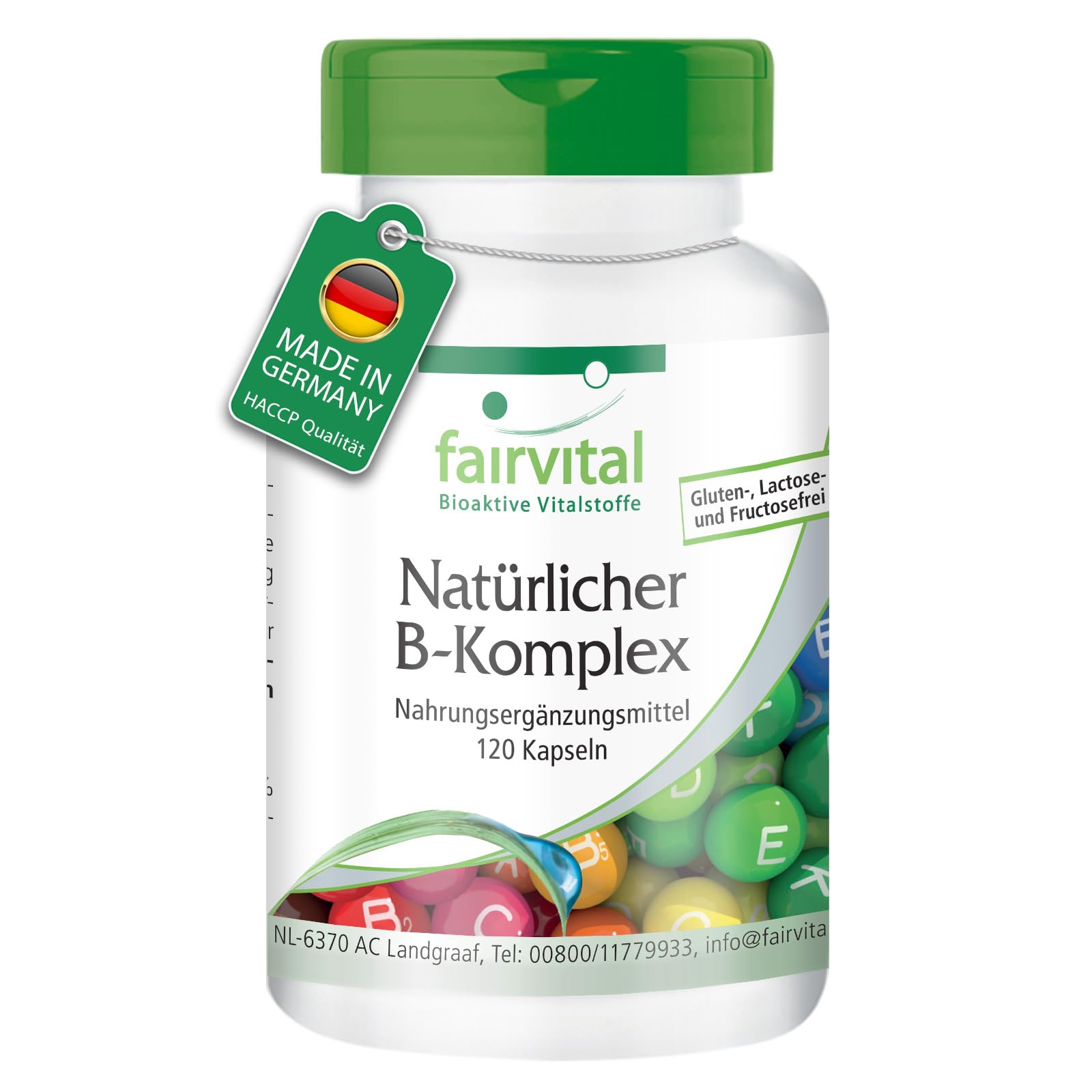 fairvital Complexe de vitamines B, d'origine naturelle à base de levure, les 8 vitamines B (B1, B2, B3, B5, B6, B7, B9, B12), VÉGÉTALIEN, 120 gélules, faciles à avaler, avec choline et inositol