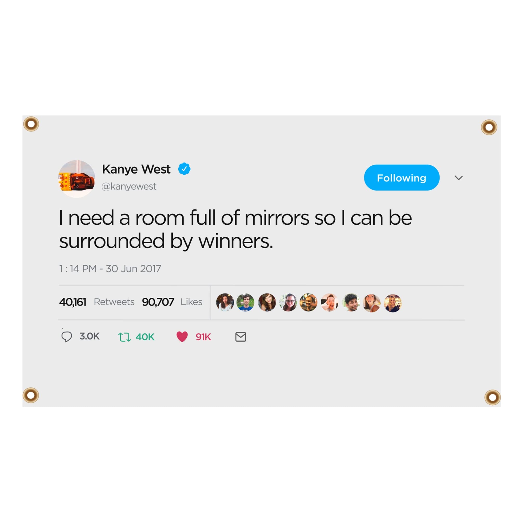 ENMOON Quoted Kanye West Tweet Flag-I Need a Room of Mirror So I Can Be Surrounded by Winner (3x5ft, Vivid Color) HD Printing 150D Poly Two Brass Grommets for Dorm College