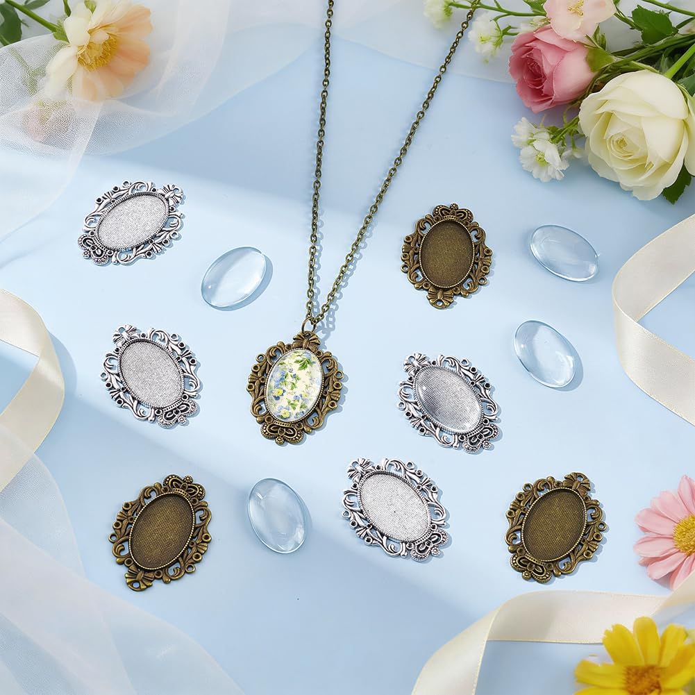 UNICRAFTALE 2 Colors Oval Fancy Tibetan Style Pendant Cabochon Setting Trays Pendant Blank Dome Bezel Charm with Glass Cabochons for DIY Photo Crafts Jewelry Making Tray:18x13mm image 4