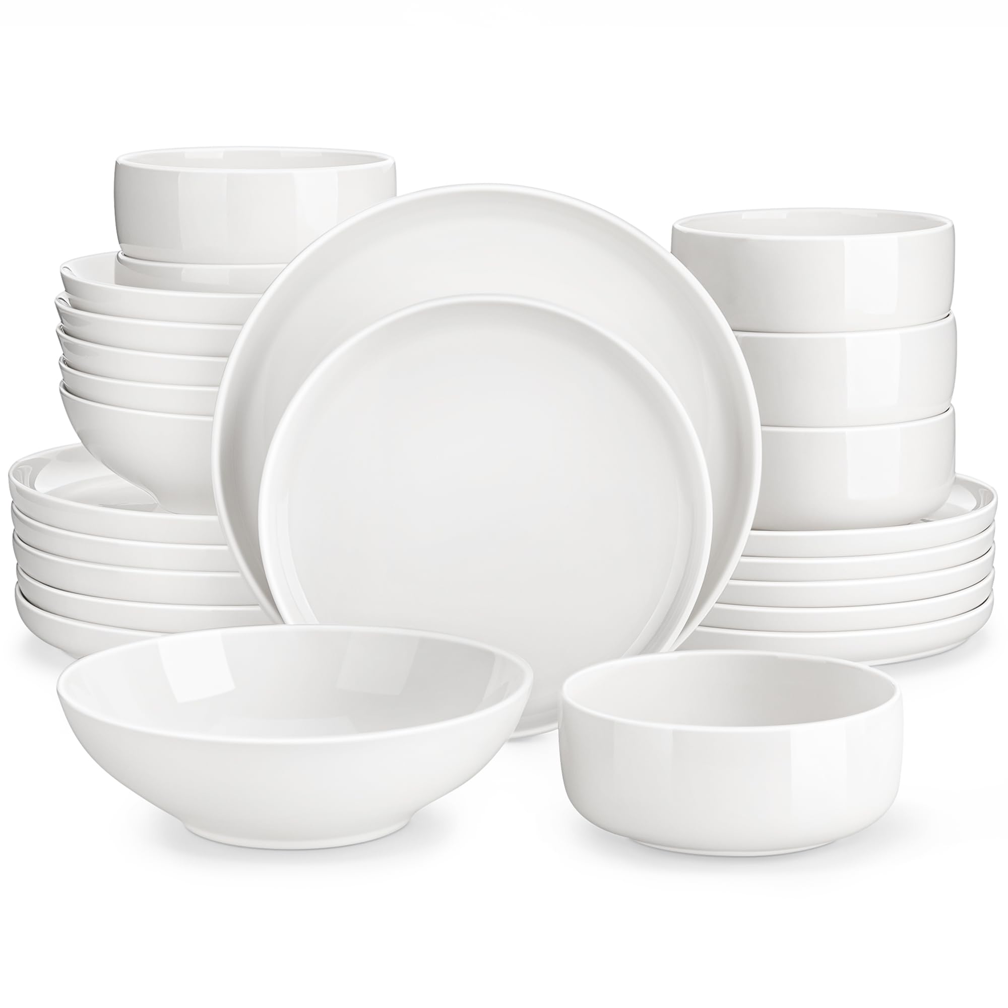 MALACASA 24-Piece Plates and Bowls Sets, Porcelain White Dinner Sets for 6 People Chip Resistant Crockery Set with Dinner Plate/Dessert Plate/Soup Bowl/Cereal Bowl, Series Luna