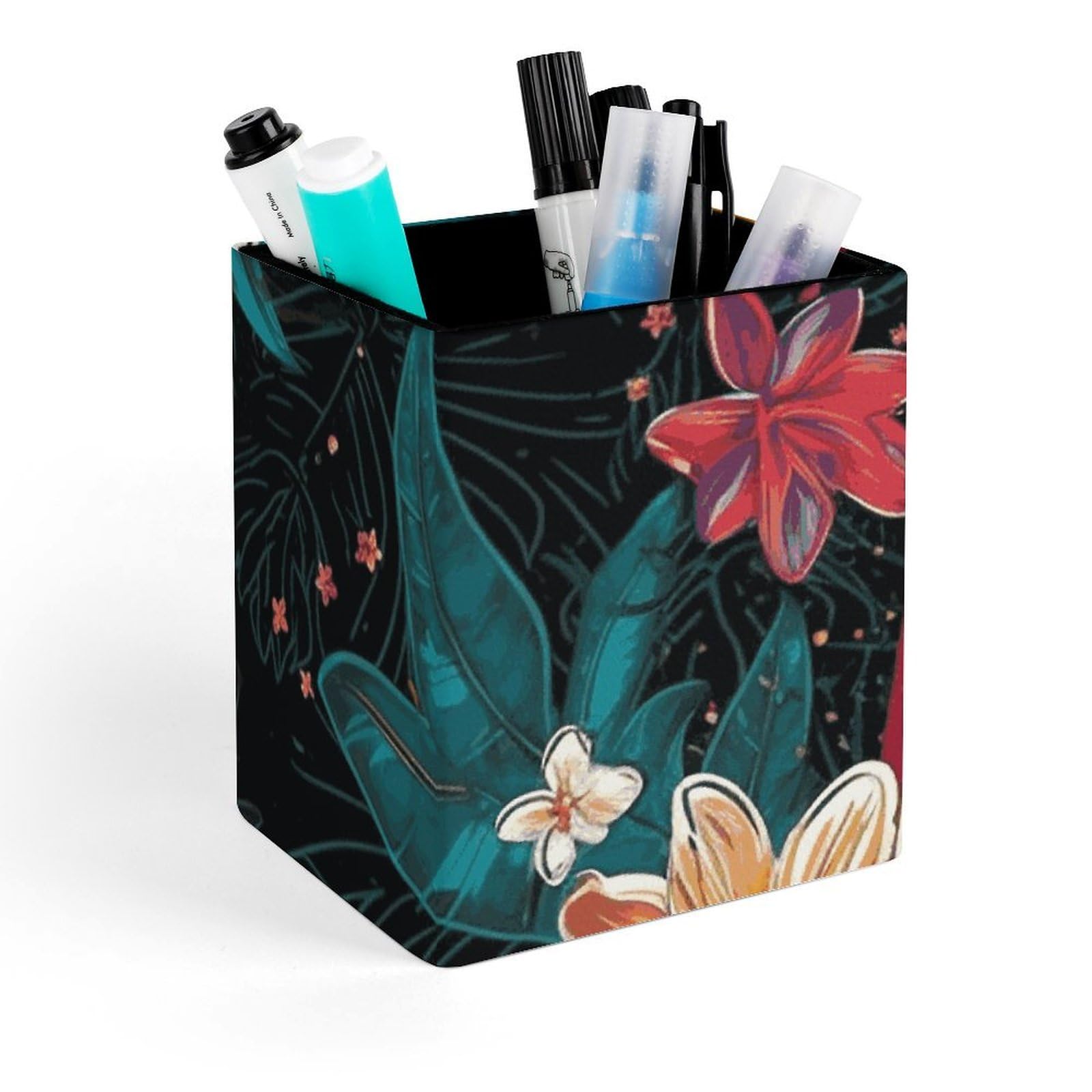 DWVTSLH Aesthetic Pen Holder for Desk - Modern Leather Pencil Holder - Stylish Square Makeup Brush Holder - Surfboard And Flowers Pen Cup Cute And Functional Desk Organizer for Office Supplies