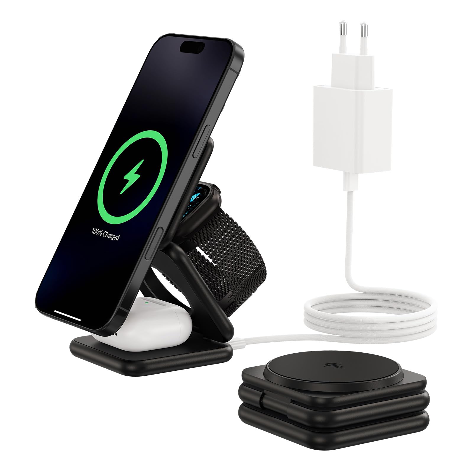 KU XIU X40Q Caricatore Wireless Magnetico Qi2 15W, Stazione di Ricarica Pieghevole 3-in-1 per iPhone 16/15/14/13/12, 5W per Apple Watch 10/9/Ultra/SE/8/7/6/5/4 - Nero